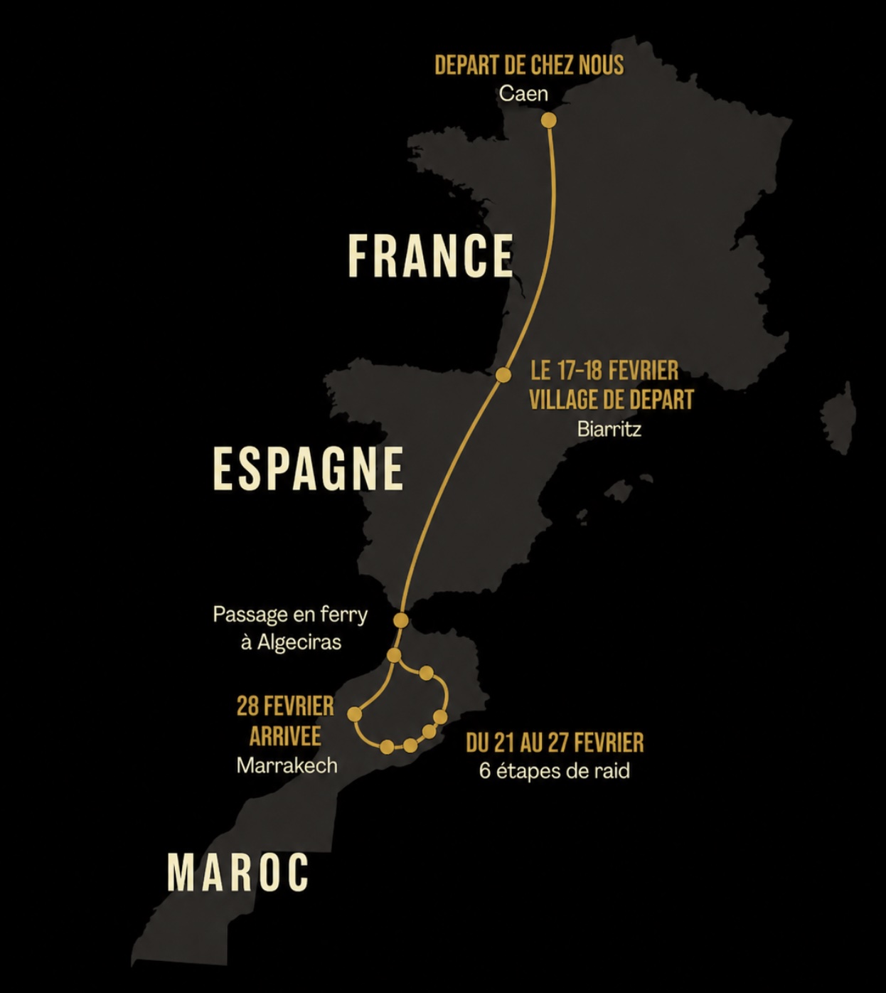 Carte itinéraire du raid 4L Trophy — de Biarritz à Marrakech